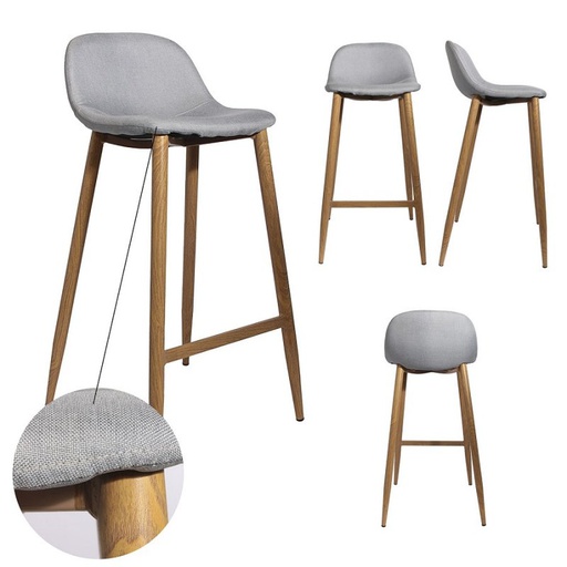 TABOURET DE BAR TISSU GRIS PIEDS METAL IMITATION BOIS