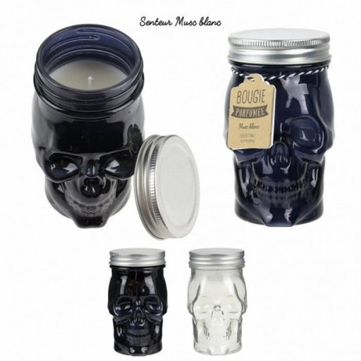 BOUGIE MASON JAR TETE DE MORT PARFUMEE MUSC BLANC 13 X 7 CM CADEAU DECORATION