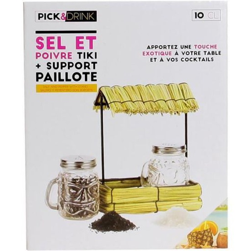 Salière et poivrier et leur support Paillote Verre métal plastique et rotin Transparent et beige H17,5x10x13cm