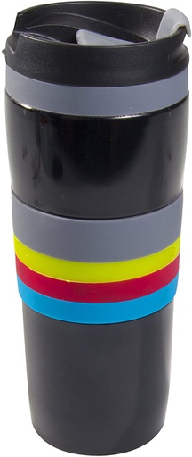 MUG DE TRANSPORT ISOTHERME NOIR AVEC BANDES EN SILICONE