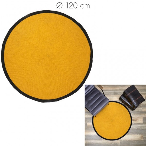 TAPIS ROND COTON MOUTARD BORD NOIR